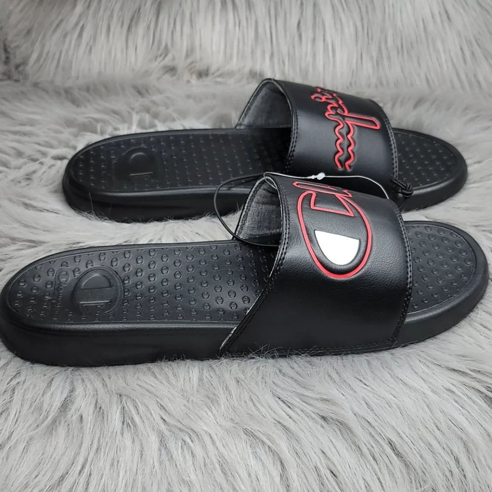 Champion Super Slide Split Script Logo Black Red Sandals